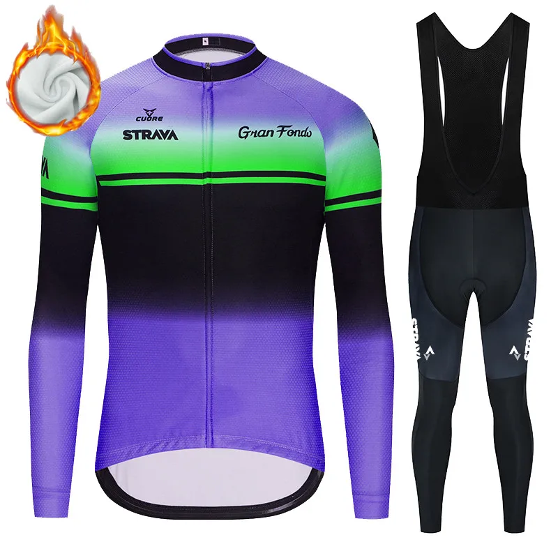 

STRAVA 2021 NEW Winter Thermal Fleece Men Pro Cycling Jerseys Set Long Sleeve Bicycle Clothes 19D Gel Pad Bike Cycling Clothing