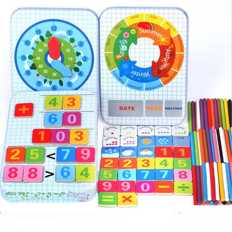 Игрушки Материалы montessori деревянные прилавки игрушки подсчета деревянные палочки, красная объемная точка, парафиновый принтер gelli(железная коробка для хранения Математика Обучающие деревянные игрушки для Чили MT47