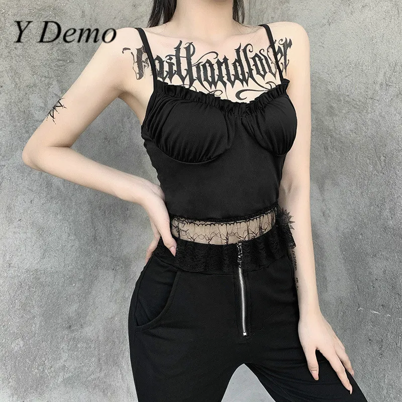 Y Demo сексуальный черный кружевной лоскутный жилет без рукавов с круглым вырезом