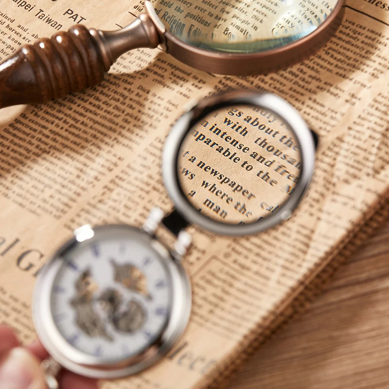 Luxury Mechanical Movement Pocket Watch Magnifying Glass Stylish Hollow Dial Roman Numeral Dial with FOB Chain Foldable Case New