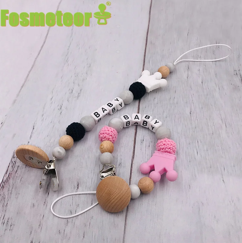 

Fosmeteor Baby Toys Silicone Beads Teethers Wooden Handmade Bracelet Pacifier Chain Clips Teething Pram Stroller Baby Products