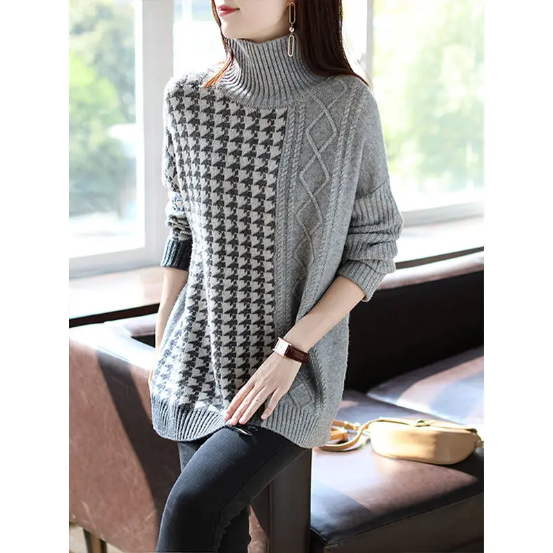 Контрастный женский свитер тысяча птиц в клетку средней и длинной осенне-зимней
