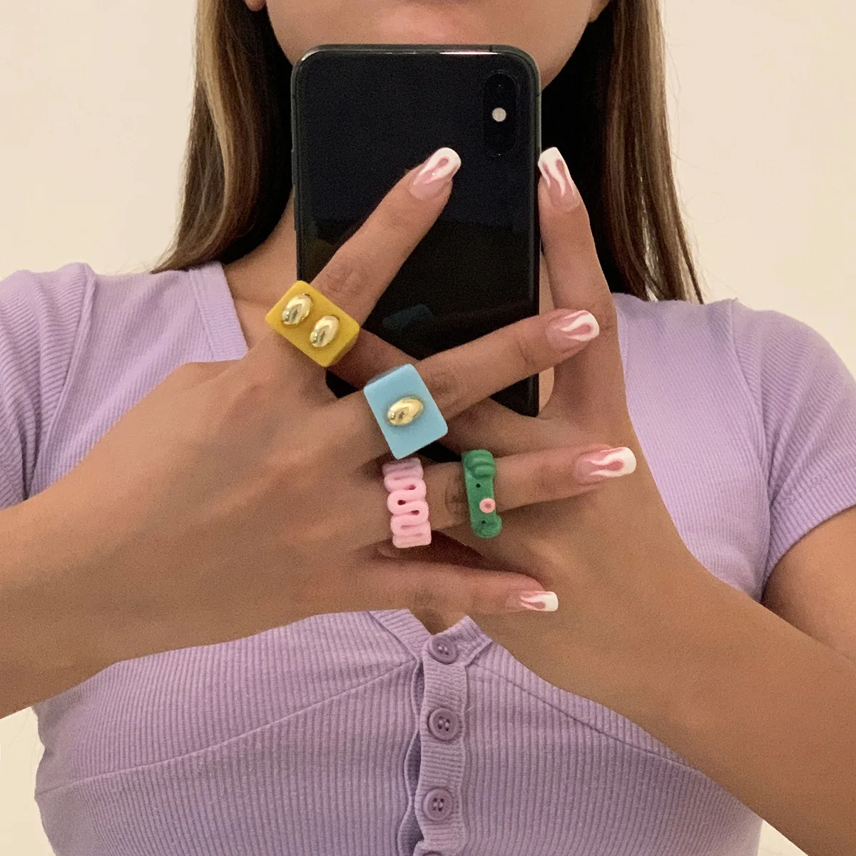 

4pc/set Vintage Multi Style Macarons Animal Ring Set Colorful Gold Acrylic Geometric Hollow Rings 2021 Jewelry Wholesale Gifts