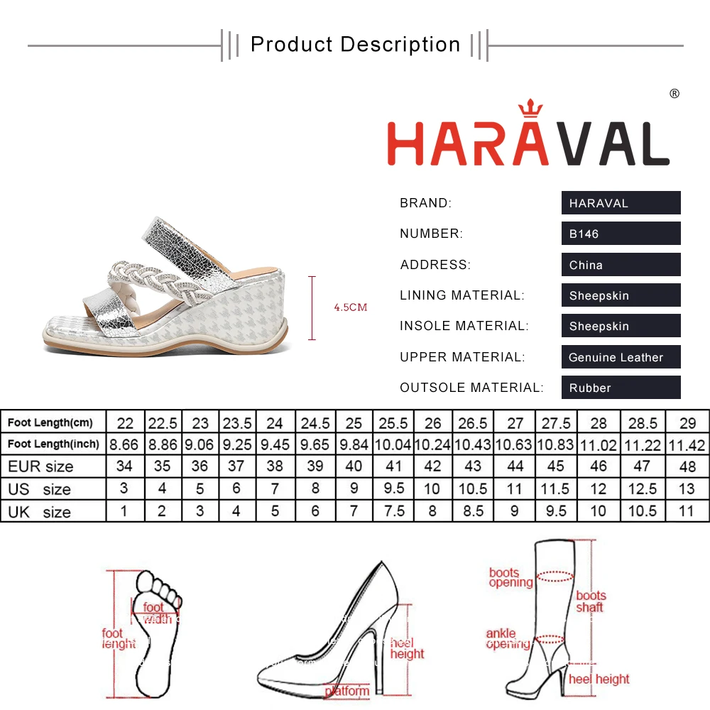 

HARAVAL Women Slides Shoes Basic Genuine Leather Concise Wedges High Heels Bling Outside Solid Elegant Sexy Shoes Female B146