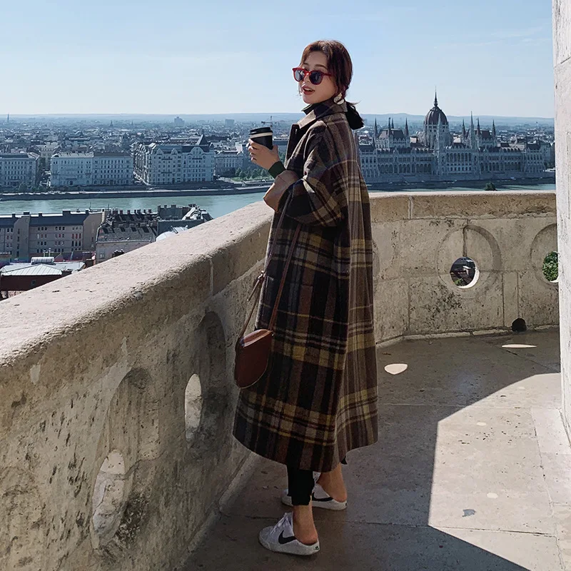 Шерстяное клетчатое пальто для фотосессии, женское, средней длины, зима, стиль, корейский стиль, модное, элегантное, свободное, Дафлкот, модное пальто