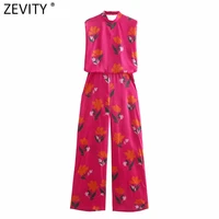 zevity 2021 women elegant stand collar floral print casual slim jumpsuits chic ladies sexy backless zipper conjion rompers p1162