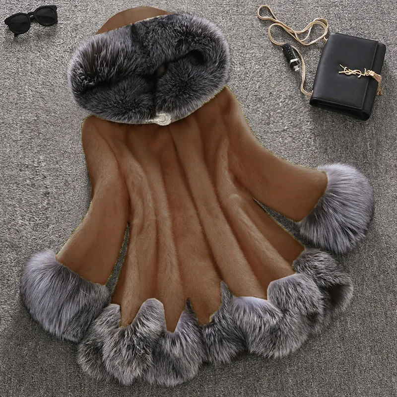 

2021 new fur coat in autumn and winter women's medium and long mink fur fox collar imitation fur women's coat faux fur coat