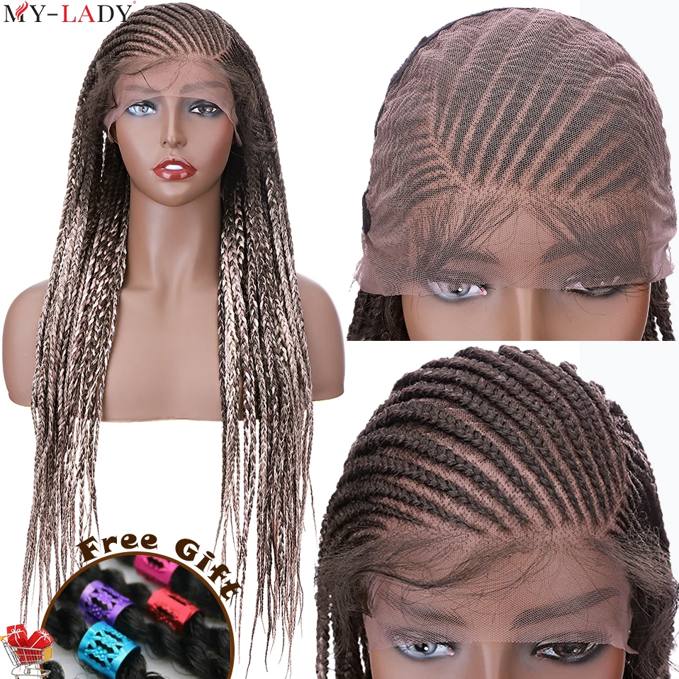 My-Lady Synthetic 29'' Box Braids Wig Lace Front Wig Cornrow Braided Wigs With Baby Hair Lace Frontal Afro Wig Free Gift Daily