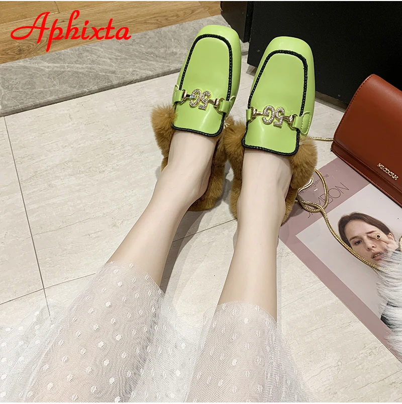Aphixta/тапочки на Плоском Каблуке; женская обувь; Роскошные шлепанцы на меху со змеиным принтом и металлическими украшениями; женская теплая обувь; Mujer
