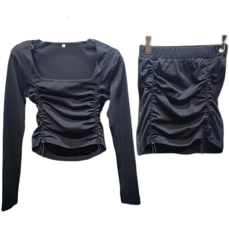 

[DEAT] Square Collar Sexy Fitting Drawstring Blouse High Waist Mini Skirt Strap Y2k Clothes Two Piece Set 2021 Spring GX324