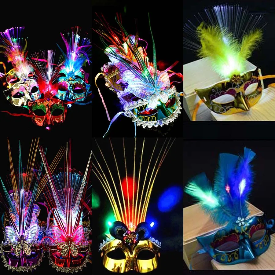 Womens Light Blinking LED Glow Feather Butterfly Mask Venetian Mard Gras Masquerade Masks Party Wedding Festival Costume