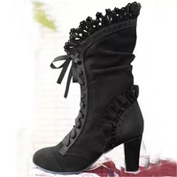 women lace high heel mid tube boots female cowboy botas zapatos mujer retro round toe flock autumn shoes botas mujer big 35 43