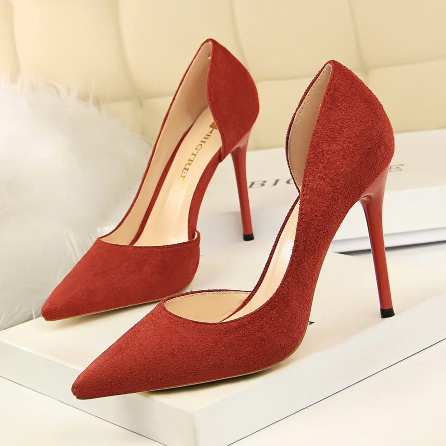 

8918-2 simple thin heel super high heel suede shallow point sexy night club hollow single shoe