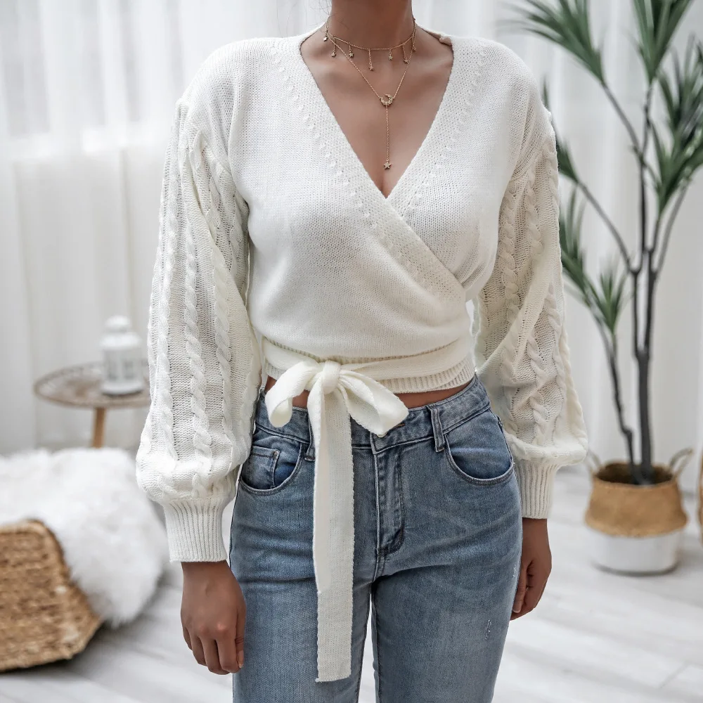 

Women Autumn Winter Sexy V-Neck Long Sleeve Solid Twist Knitted Sweater Wraps Jumper Pullover