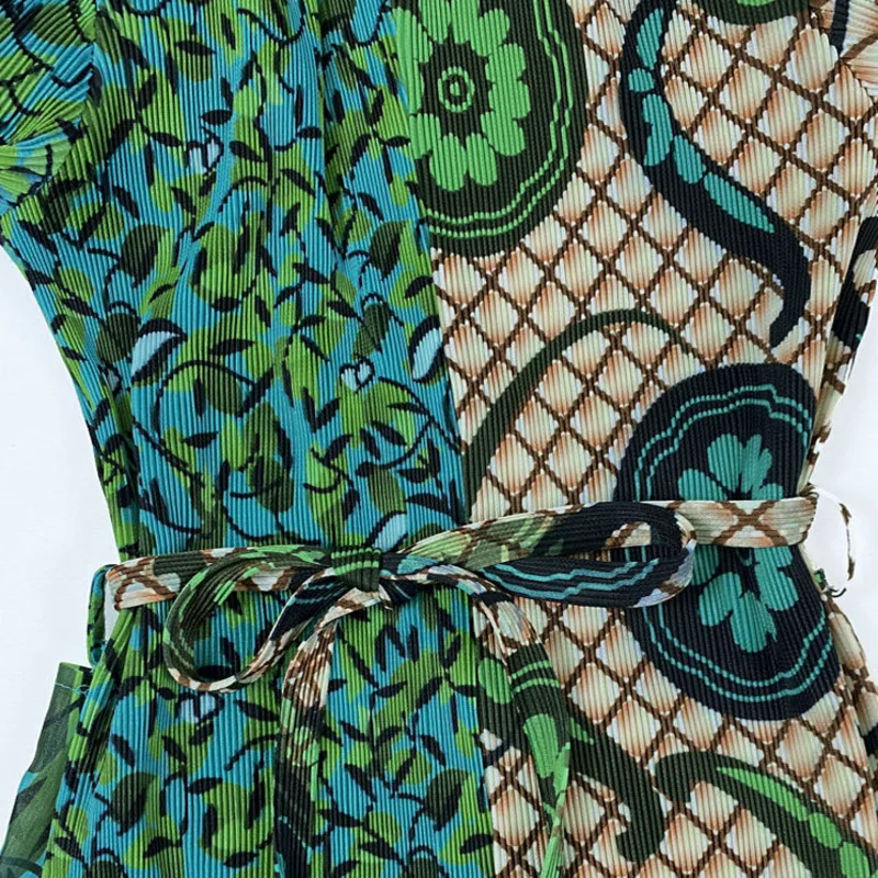 

SONDR 2021 New Summer Fashion Pleated Jumpsuit Woman Green Print Hit Color V Collar Straight Ruffled Elegant Vintage Style