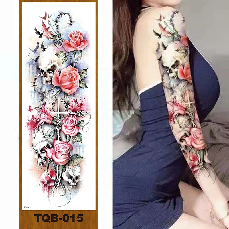 Men And Women Temporary Tattoo Waterproof Stickers, Large Full Arm Tattoos, Skeletons, Moonlight, Roses, False Tattoos.