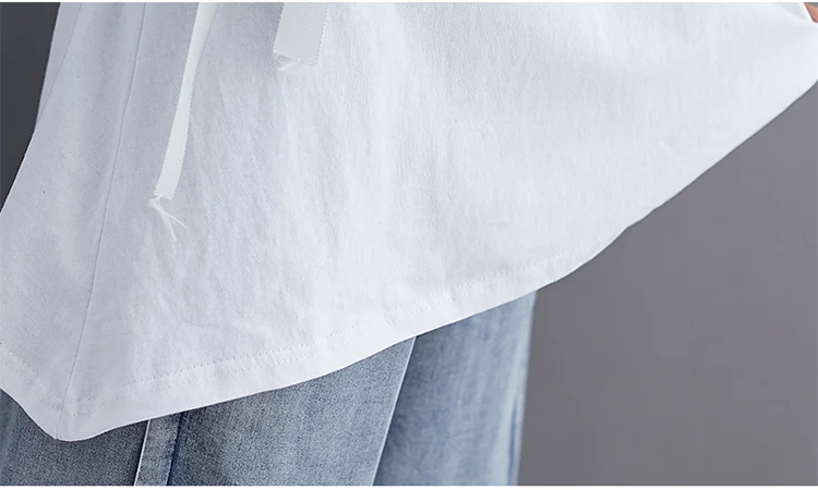 

Large Size Women's Summer Literary Waist Drawstring Short-sleeved Cotton T-shirt Was Thin Casual Wild Top Solid Color L441