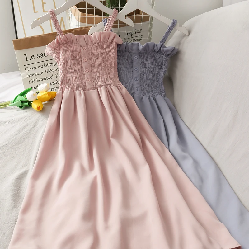 

Retro One-line Neck Tube Top Suspender Skirt Gentle Mid-length Dress Female Pure Color Simple Folds Wooden Ear Skirt Summer