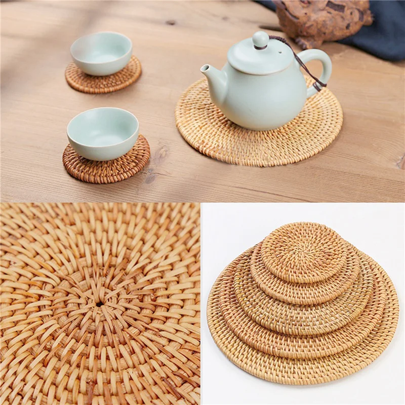 

Round Natural Rattan Coasters Bowl Pad Handmade Insulation Placemats Table Padding Cup Mats Kitchen Decoration Accessories