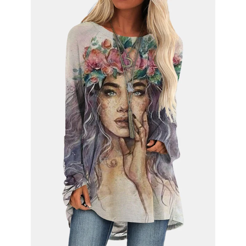 

Fashion Women T Shirts Cartoons Print Tee Shirt Loose Tops Long Sleeve Shirt Pullover Casual Vintage Shirts For Women