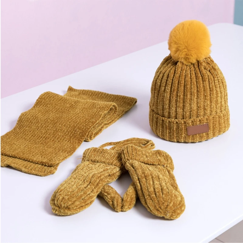 

Kids 3Pcs Winter Warm Beanie Hat Long Scarf Gloves Set Chenille Velvet Knit Plush Lined Solid Color Pompom Skull Cap