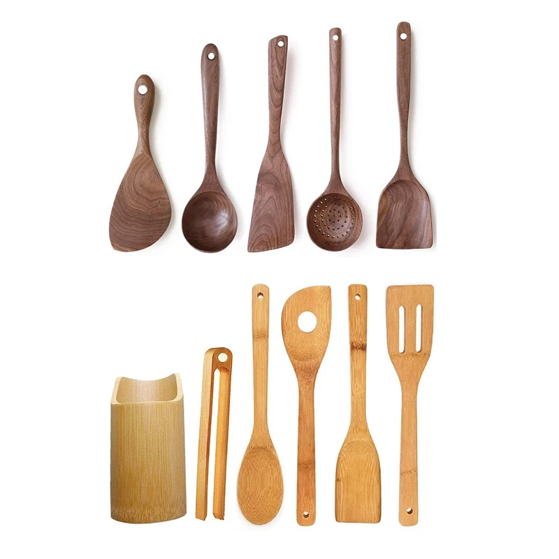 

5PCS Natural Walnut Wood Long Handle Cooking Utensils, Soup Ladle, Angled Spatula With 6PCS Bamboo Cooking Utensils Set