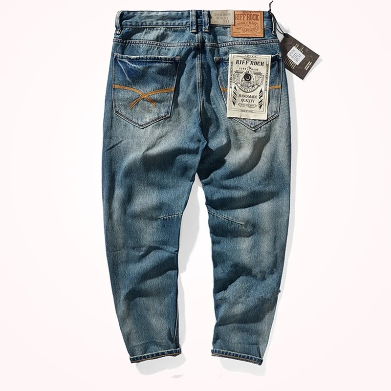 Vintage Jeans Men 's American Casual 3D Fit Stand Cut Distressed Straight -Leg Trousers