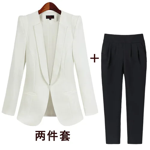 White Top BlackPant Корейский маленький костюм женский пиджак осень весна длинный рукав скрытый однобортный рабочий Блейзер костюм размера плюс - Цвет: White Top BlackPant
