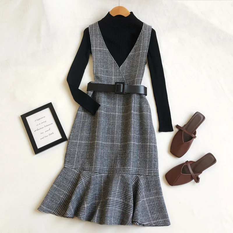 Весенне зимнее утепленное платье с поясом Женский Повседневный трикотажный