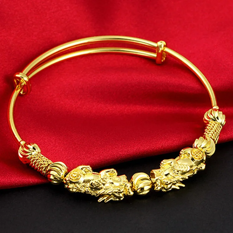 Двойной Pixiu Золотой богатство браслет ретро этнический стиль регулируемый