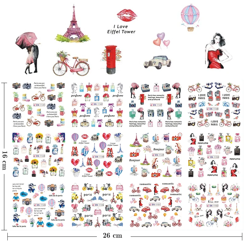 

12 Pieces Romantic Valentine Valentine Water Decals Sliders Nail Art Decorations Stickers Sexy Lips Flower Heart Envelopes