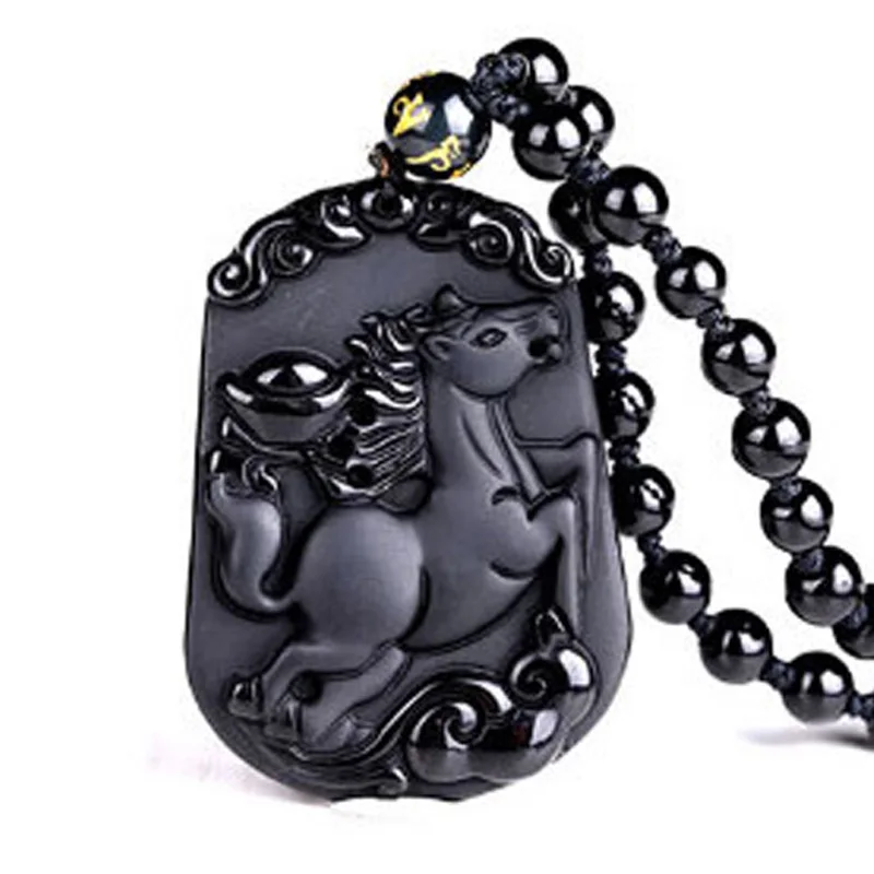 

Drop Shipping Amulet Horse Necklace Natural Black Obsidian Pendant Crystal Jewelry Gifts