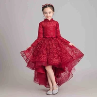 red tulle high low princess dress for girls long sleeve flower lace long evening birthday party dress first communion dresses