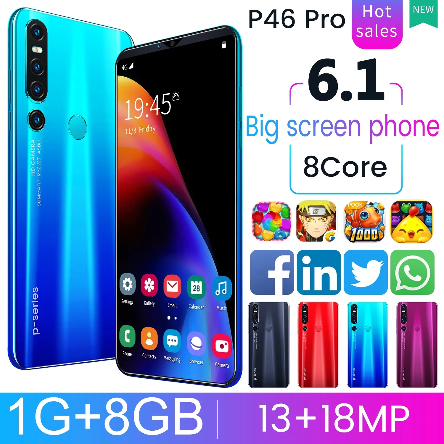 

All New P46 Pro Smartphone 1GB+8GB Cellular Android 9.1 8-Core 6.1inch Mobile phone Face&Fingerprint Unlock Dual SIM Handphone