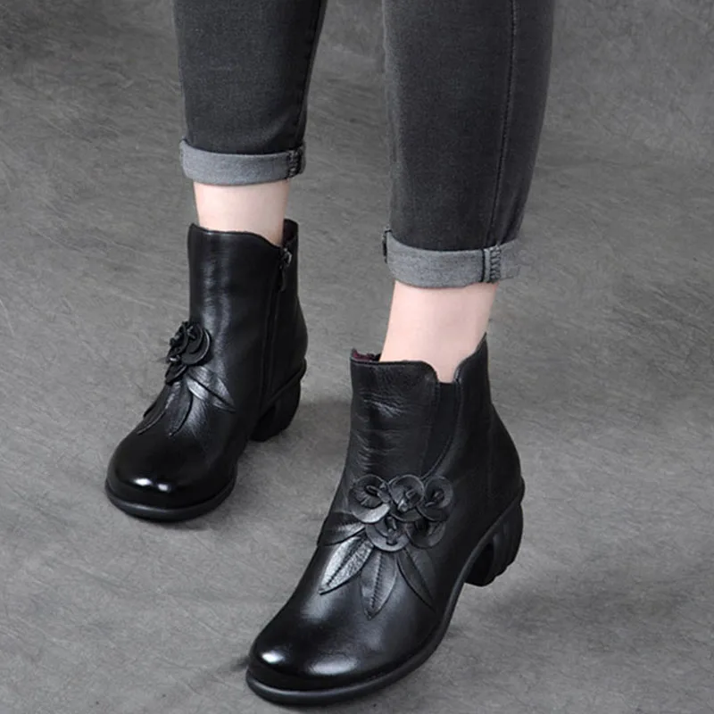 

BEYARNEAutumn and winternational style vintage leather soft bottom female boots, high heel manual female round head cowhide shoe