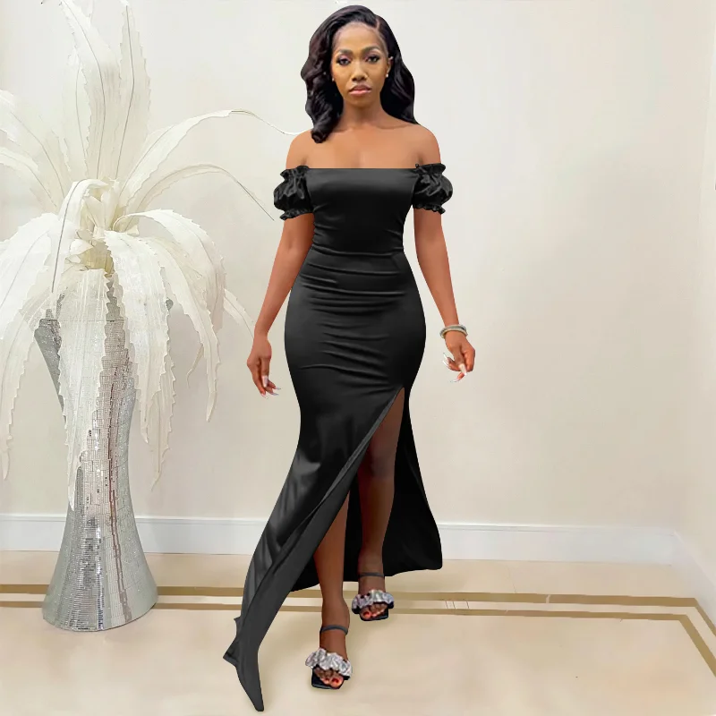 

Irregular Bodycon Dress for Women Off Shoulder Big Slit Pleated Sleeves Summer Spring Party Elegant Fashion Vestidos De Mujer