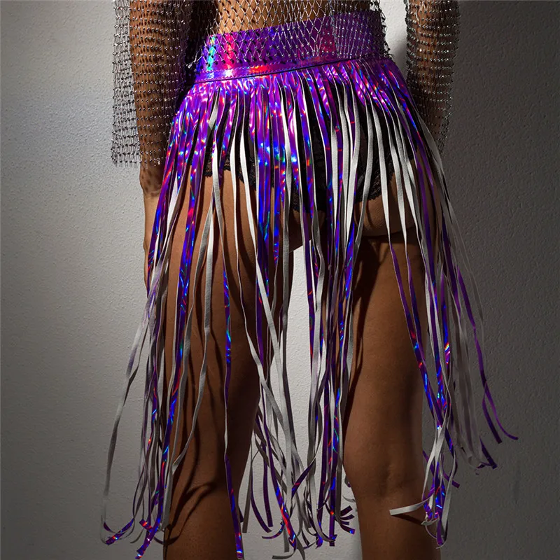 Искусственная кожа металлические люверсы пряжки длинные юбки Bling голографическая Длинная кисточка Регулируемая Талия Сексуальная Женская рейв юбка для фестиваля