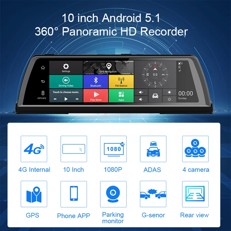 360° Panoramic Surveillance Video Recorder GPS Navigation 10&quot Android Car 4 Cameras Dash Cam Night Vision DVR ADAS 2GB+32GB WIFI |