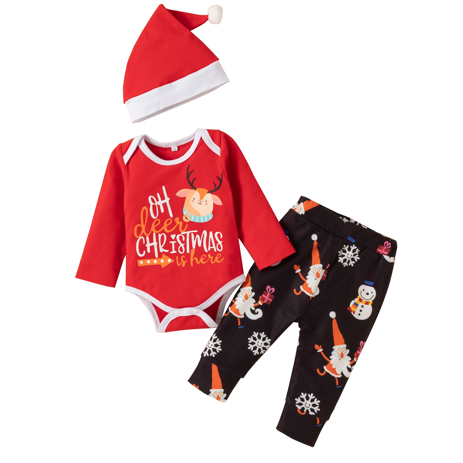 

Bmnmsl Baby Christmas Clothes Set Letter Print Long Sleeve O-neck Romper+Snowman Print Trousers+Pointed Hat