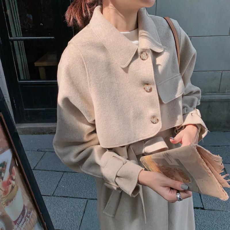 

2021 Korean Winter Women Cashmere Double Faced Woolen Jacket Sashes Two Piece Jacket Long Wool Coat & Vest Fashion Female Coats