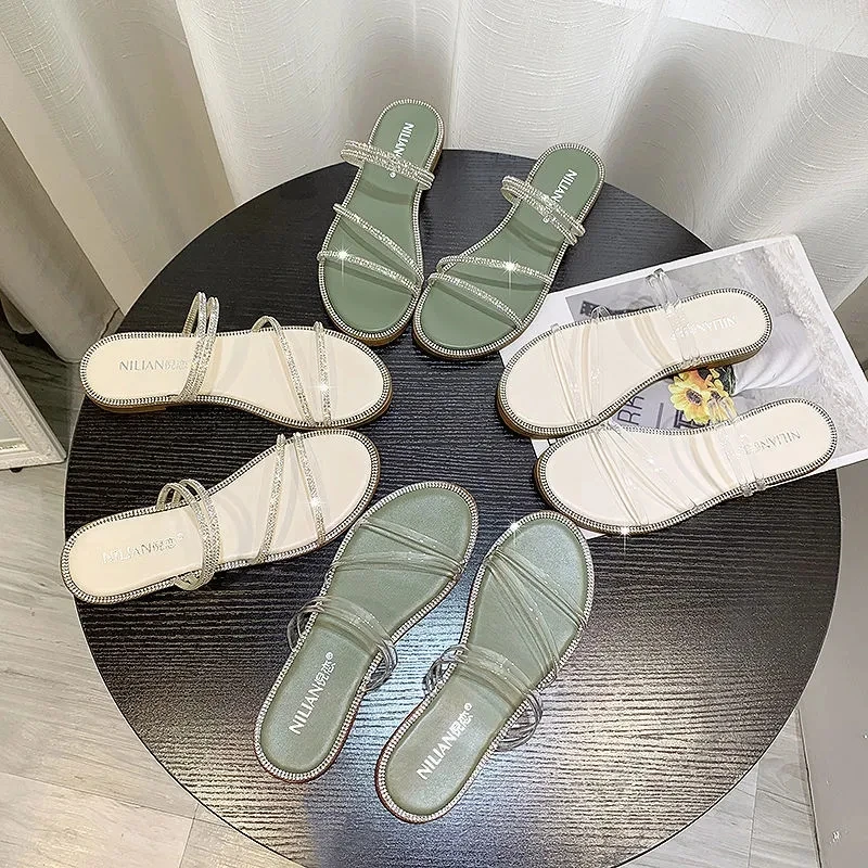 

Summer Fashion Fairy Flat Sandals Transparent Open Toe Ladies Rhinestone Flip Flops Beach Sandals And Slippers Plus Size Ladies