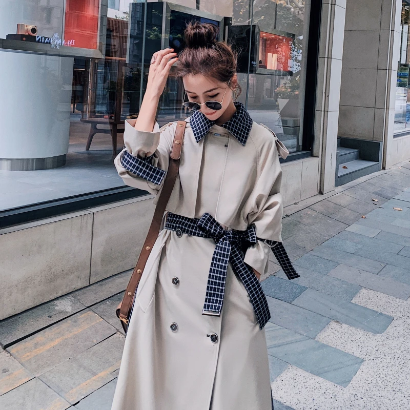 

New Spring Autumn Long Women Trench Coat 2021 Belted Khaki Plaid Stitching Loose Coat Lady Outerwear Fashion Windbreaker Y4