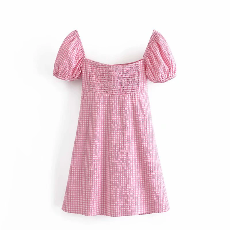 

XEASY Za 2021 Pink Plaid Mini Dress Women Summer Square Neck Short Pleated Puff Sleeve Bow Dresses Elastic Back Cute Dress