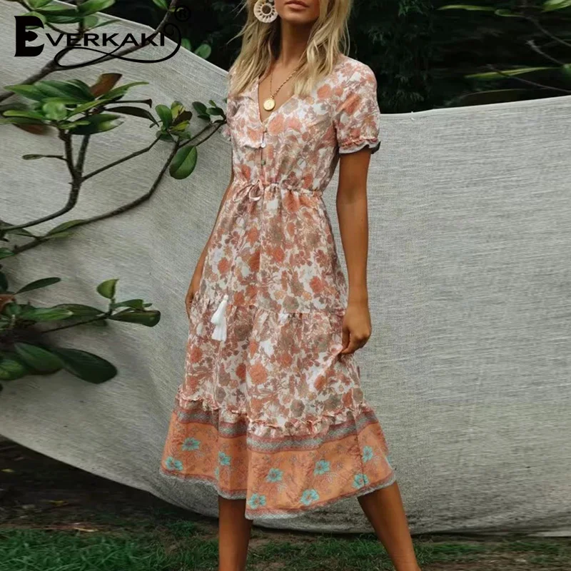 Женское длинное платье с кисточками Everkaki богемное Платье макси цветочным