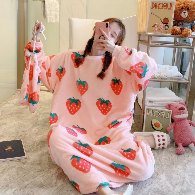 

Nightdress women autumn and winter flannel avocado cartoon leisure coral cashmere long size home wear