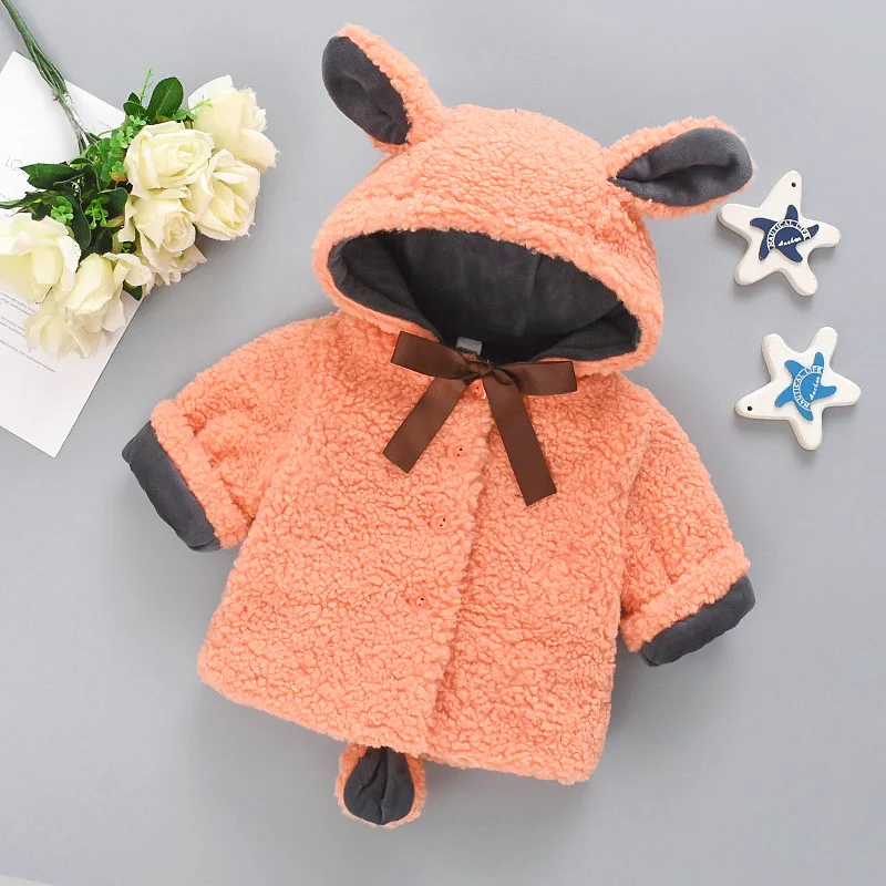 Зимняя утепленная флисовая куртка с капюшоном и кроличьими ушками для маленьких
