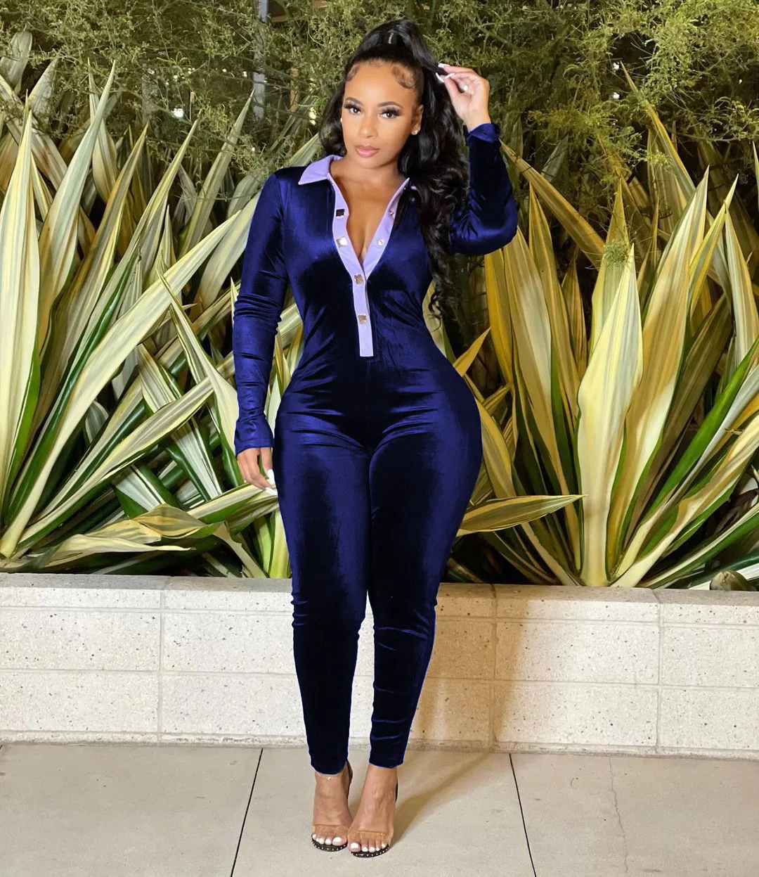 

ChocoMist Jumpsuits Velvet Button Design Basic Skinny Jumpsuit