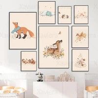 nordic canvas painting beige animals fox deer rabbit squirrel hedgehog bear flowers wall art baby room decor posters and prints