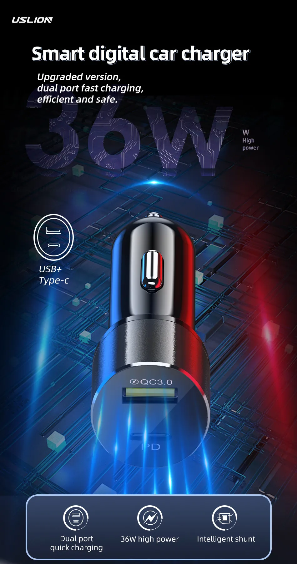 USLION 36 Вт Быстрая зарядка 3,0 USB Автомобильное зарядное устройство для iPhone 11 Pro 11Pro Max huawei PD3.0 type C быстрая зарядка автомобильное USB C зарядное устройство для телефона