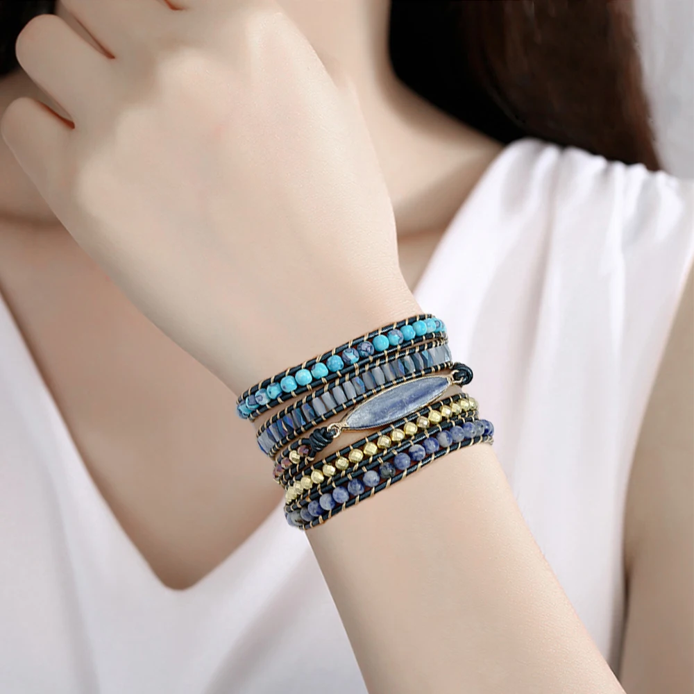 

Plumiss Natural Stone Crystal Wrap Bracelet for Women 5 Layers Beaded Bracelets Charms Blue Kyanite Jewelry Healing Properties